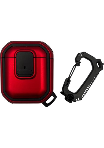 Airpods 1/2 Nesil ile Uyumlu Dayanıklı Koruyucu Tank Kılıf - Şok Emici, Karabina Klipsli, Spor Outdoor Tarzı, Tam Koruma (Kırmızı)
