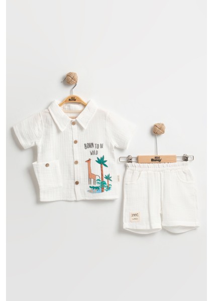 Organik %100 Pamuk Zürafa Baskılı Cepli Erkek Bebek Yazlık Takımı 9-12-18 Ay - Nefes Alabilir Müslin Kumaş