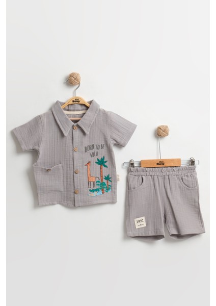 Organik %100 Pamuk Zürafa Baskılı Cepli Erkek Bebek Yazlık Takımı 9-12-18 Ay - Nefes Alabilir Müslin Kumaş