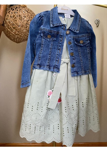 Bayramlık Kız Çocuk Kot Ceketli Astarlı 2'li Elbise