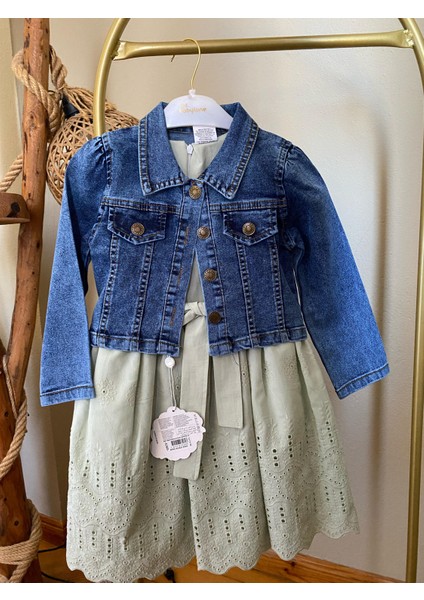 Bayramlık Kız Çocuk Kot Ceketli Astarlı 2'li Elbise modelleri