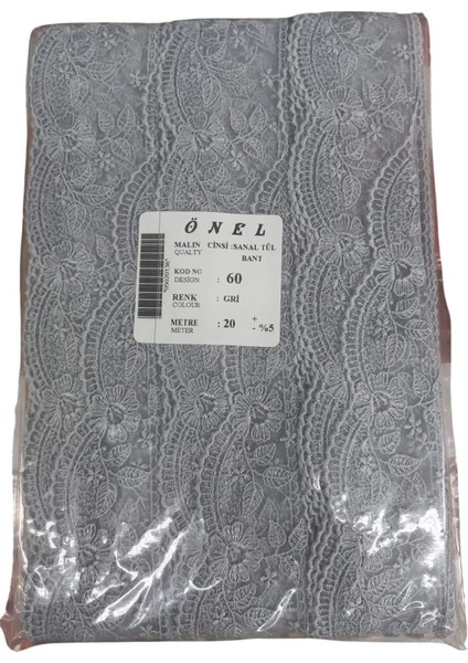 Dantel Polyester Sanal Tül Bant Gri 20 Metre En 6 cm On-60-G