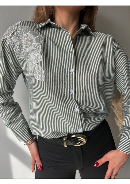 Kadın Çizgili Aplike Detaylı Oversize Tesettüre Uygun Gömlek