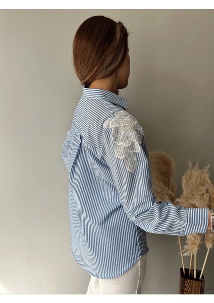 Kadın Çizgili Aplike Detaylı Oversize Tesettüre Uygun Gömlek