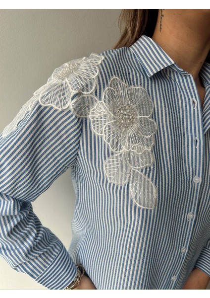 Kadın Çizgili Aplike Detaylı Oversize Tesettüre Uygun Gömlek