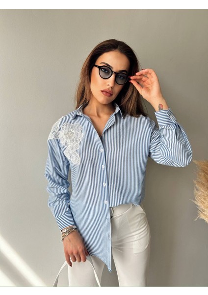 Kadın Çizgili Aplike Detaylı Oversize Tesettüre Uygun Gömlek modelleri