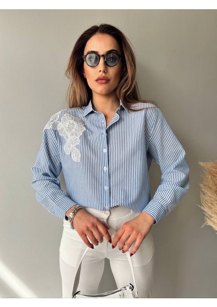 Kadın Çizgili Aplike Detaylı Oversize Tesettüre Uygun Gömlek indirimleri