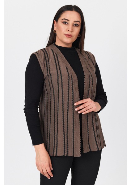 Kadın Kahverengi Simli Çizgili V Yaka Mevsimlik Anne Yazlık Yelek