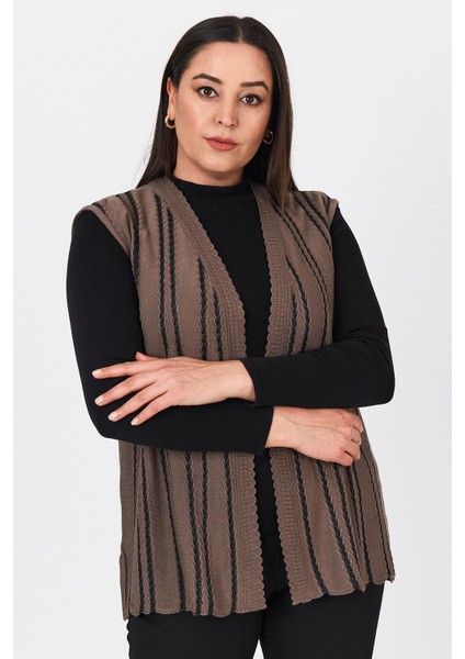 Kadın Kahverengi Simli Çizgili V Yaka Mevsimlik Anne Yazlık Yelek fiyatları