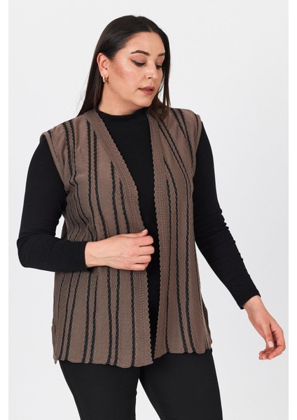 Kadın Kahverengi Simli Çizgili V Yaka Mevsimlik Anne Yazlık Yelek modelleri