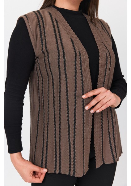 Kadın Kahverengi Simli Çizgili V Yaka Mevsimlik Anne Yazlık Yelek fırsatları