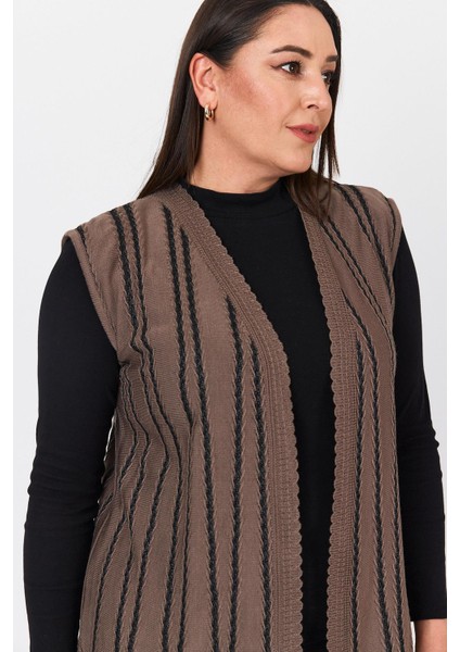 Kadın Kahverengi Simli Çizgili V Yaka Mevsimlik Anne Yazlık Yelek indirimleri