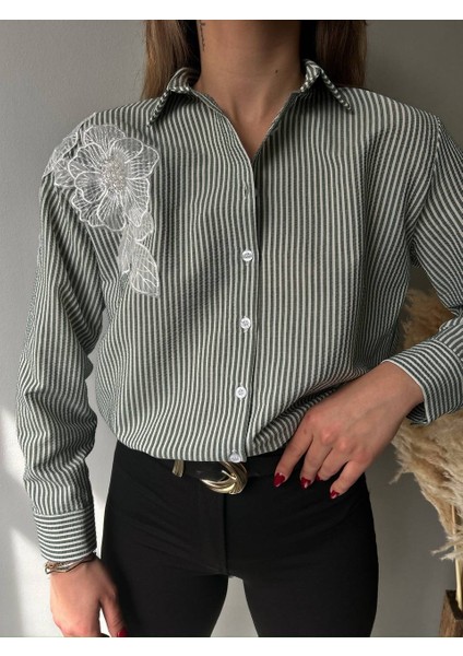 Kadın Çizgili Aplike Detaylı Oversize Tesettüre Uygun Gömlek fiyatları