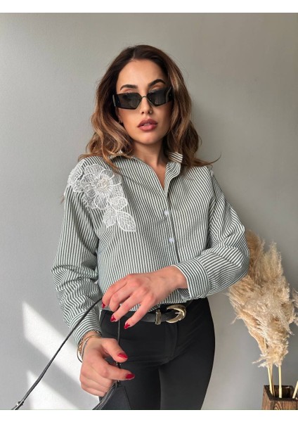 Kadın Çizgili Aplike Detaylı Oversize Tesettüre Uygun Gömlek modelleri