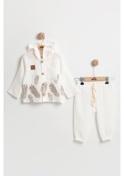 Doğal Yaprak Baskılı Uzun Kollu Bebek Gömlek Takımı 9-12-18 Ay - %100 Pamuk Müslin Yazlık Set
