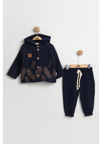 Doğal Yaprak Baskılı Uzun Kollu Bebek Gömlek Takımı 9-12-18 Ay - %100 Pamuk Müslin Yazlık Set