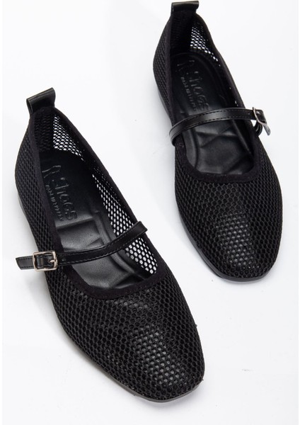 Luan Siyah Kadın Fileli Tek Bantlı Rahat Ergonomik Babet Yumuşak Taban