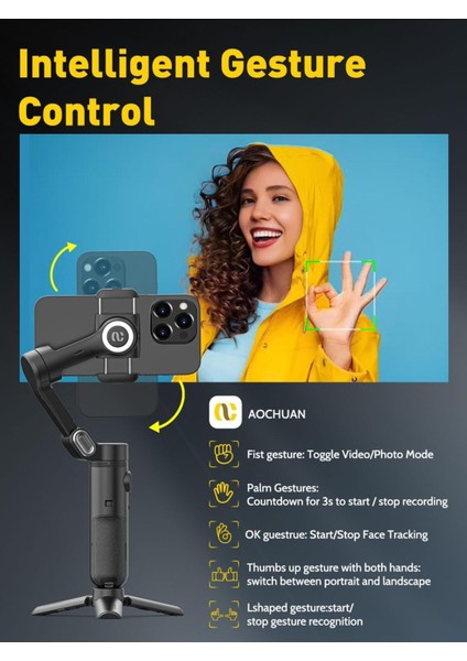 iPhone 15/14/13 Pro Max Android Için 3 Eksenli Gimbal Sabitleyici, Dolgu Işığı ile Katlanabilir