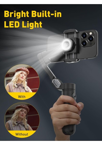 iPhone 15/14/13 Pro Max Android Için 3 Eksenli Gimbal Sabitleyici, Dolgu Işığı ile Katlanabilir