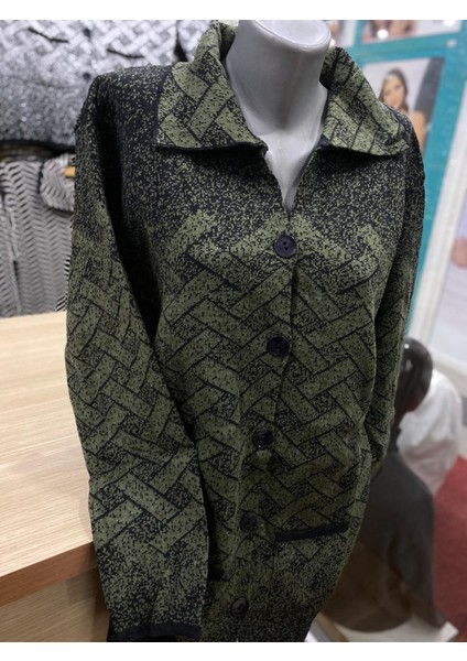 Kadın Triko Polo Yaka Desenli Cepli Hırka Tunik