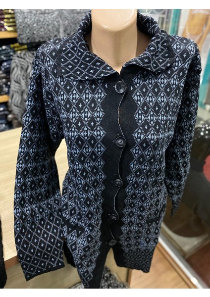Kadın Triko Polo Yaka Desenli Cepli Hırka Tunik