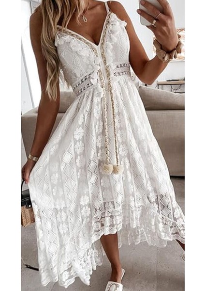 Kadın Yazlık Slip Boho Uzun Elbise Bağcıklı Püsküllü V Yaka Flare Volanlı Plaj Elbisesi