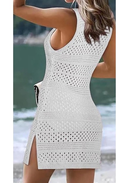 Kadın Örgü Plaj Elbisesi Boho Kısa Tığ Işi Mayo Bikini Üstü Plaj Kolsuz Yaz Plaj Elbisesi