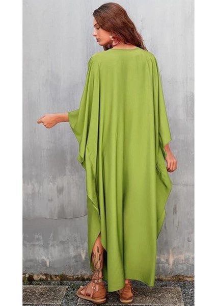 Kadın Baskılı Plaj Kaftan Elbise Kısa Kollu Büyük Beden Mayo Örtüleri