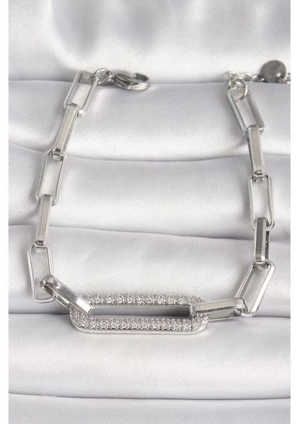 Çelik Gümüş Renk Zirkon Taşlı Zincir Kadın Bileklik