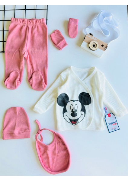 Bebek Mickey Baskılı Fitilli 5 Parça Hastane Çıkışı Takımı