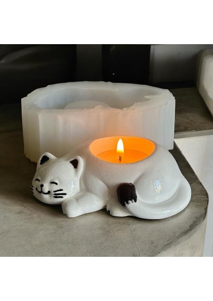 Uyuklayan Kedi Tealight Mumluk Silikon Kalıp