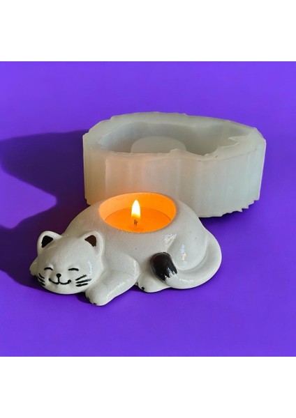Uyuklayan Kedi Tealight Mumluk Silikon Kalıp modelleri