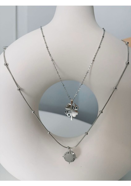 Ikili Yonca Detaylı Celik Kolye