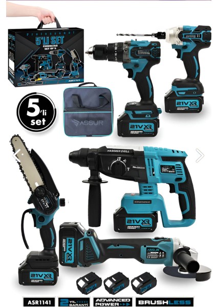 Assur 21V 2.0AH Kömürsüz Darbeli 5'li Set Şarjlı Hilti + Taşlama + Somun Sıkma + Akülü Vidalama....