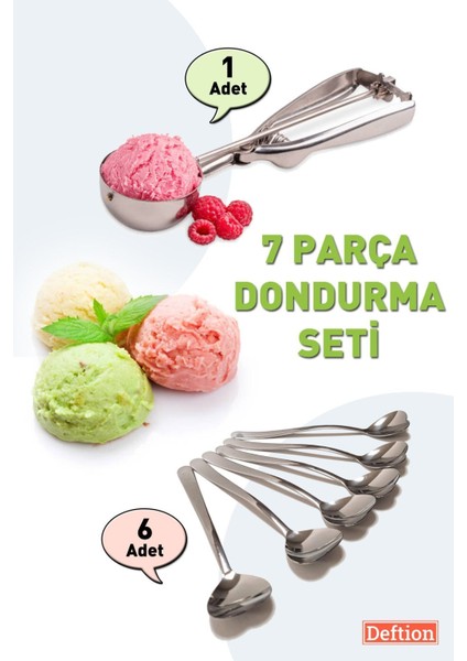 7li Çelik Dondurma Seti Bas Bırak Dondurma Koyma Alma Aleti Kaşığı Kepçesi ve 6 Kalpli Uzun Kaşık