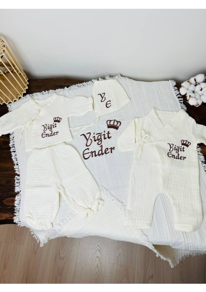 Insta Bebe Müslin Tulum Şapka Zıbın Pijama ve Battaniye Nakış Işleme Isimli %100 Pamuk