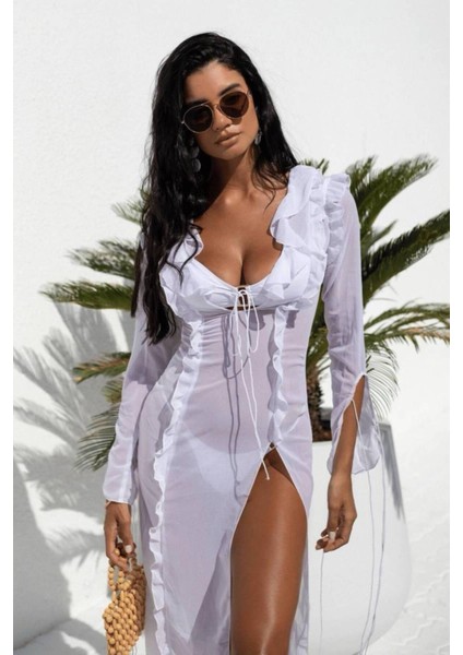 Yırtmaç Detaylı Tül Pareo Plaj Elbisesi 111