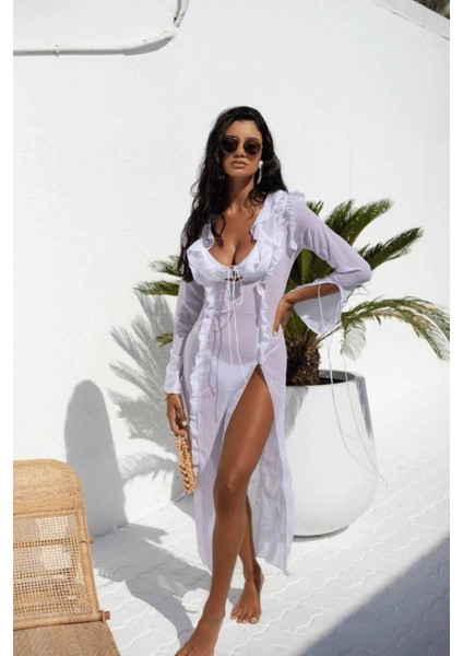 Yırtmaç Detaylı Tül Pareo Plaj Elbisesi 111 indirimleri