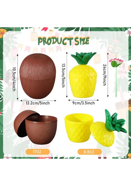 Ananas & Hindistan Cevizi Tasarımlı Pipetli Bardak Seti (6 Adet)