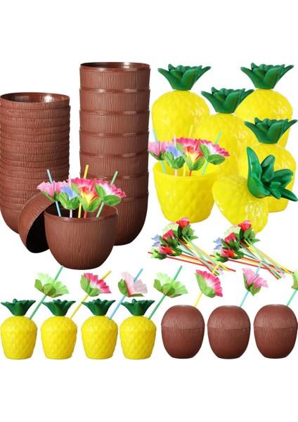 Ananas & Hindistan Cevizi Tasarımlı Pipetli Bardak Seti (6 Adet)
