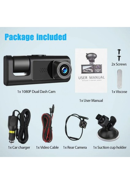Araç Içi 3 Kameralı 1080P /2.0 Inç LCD Ekranlı /gece Görüşlü /geri Görüş/ G-Sensör /hareket Algılama