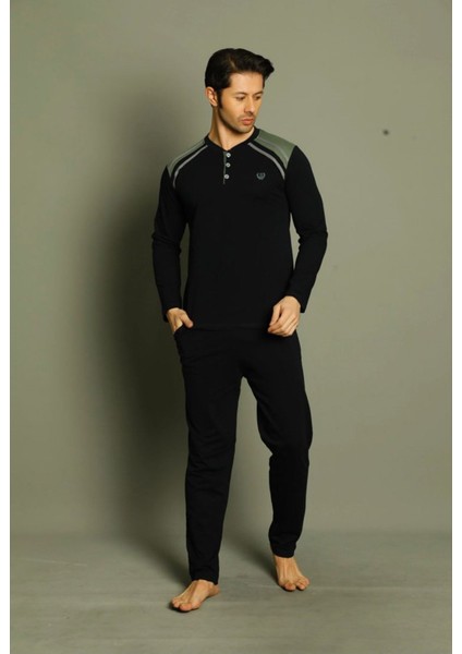 Işılay Lacivert Yeşil Çizgili Önden 3 Düğmeli Ekose Pijamalı Yazlık Uzun Kollu Erkek Pijama Takımı 16640-LY