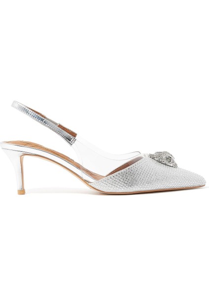 Vinyl Slingback Topuklu Ayakkabı - Gümüş Renk