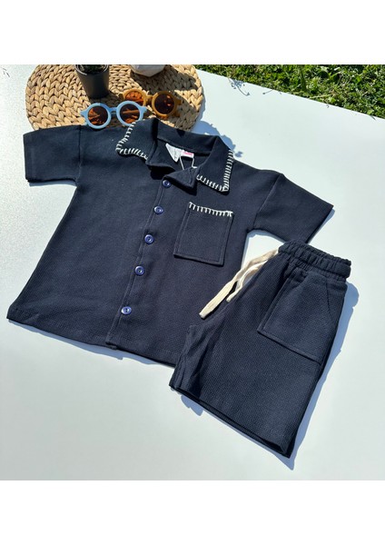 Yaka Detaylı Şortlu Takım - Lacivert fiyatları
