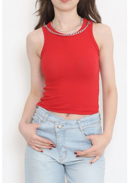 Kadın Kolyeli Sıfır Kol Fitilli Crop Body Kırmızı