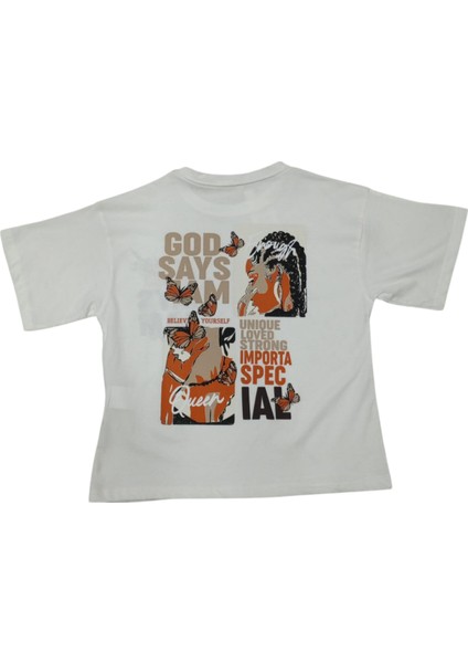 Kız Çocuk God Says Önü Arkası Desenli Oversize Beyaz Tişört