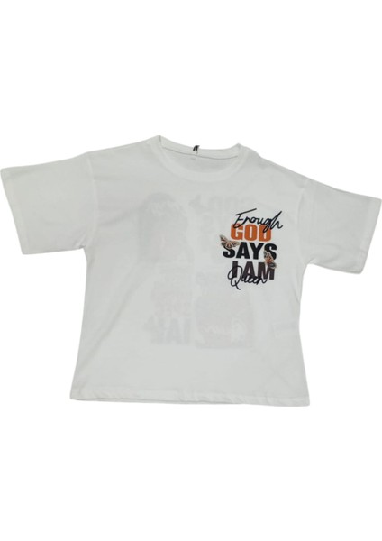 Kız Çocuk God Says Önü Arkası Desenli Oversize Beyaz Tişört fiyatları