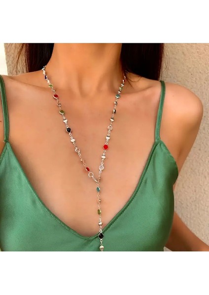 Gümüş Kaplama Renkli Taşlı Y Model Kadın Kolye