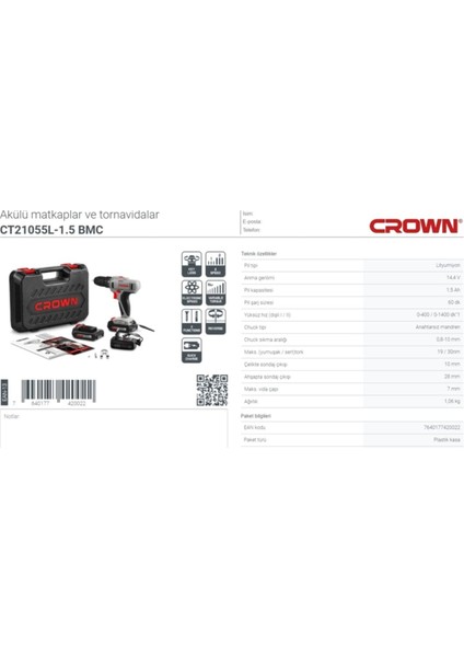 Crown Akülü Matkap 14.4 V 1.5 Ah CT21055L-1.5 Bmc