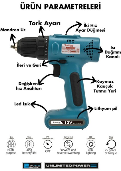 12V USB Şarjlı Matkap Vidalama Dahili Batarya